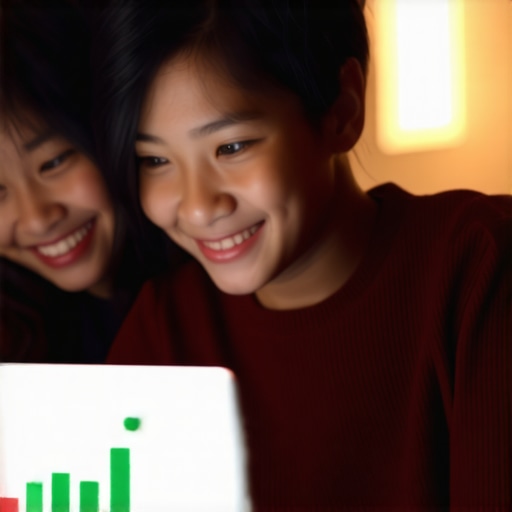 A parent showing their child how to check a credit score on a laptop.