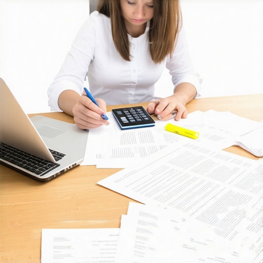 A person auditing paper credit reports with a highlighter at a desk.