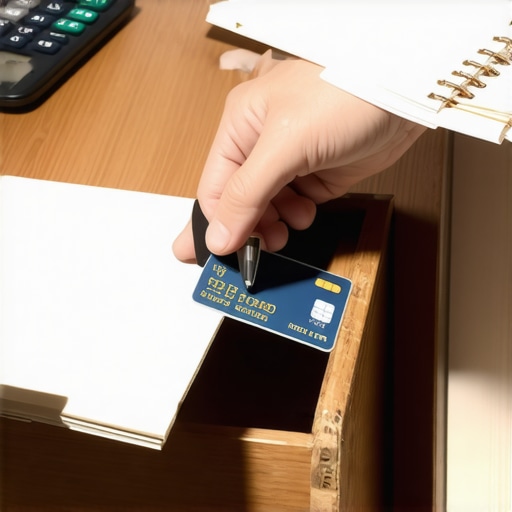 Preserving Credit History by Storing Old Cards A dusty credit card being placed in a drawer to protect credit age.