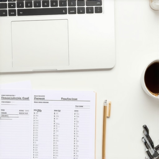 A desk with a laptop and notebook used for weekly credit and debt management checks.