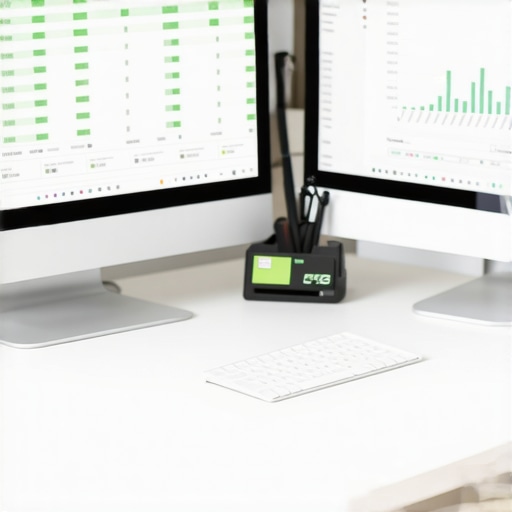 A home office setup showing credit tracking tools and a rising FICO score chart.