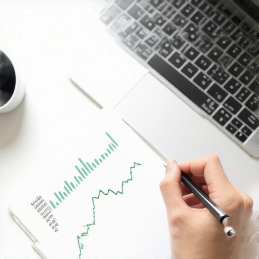 A desk with a laptop and notebook used for tracking credit score progress and financial goals.