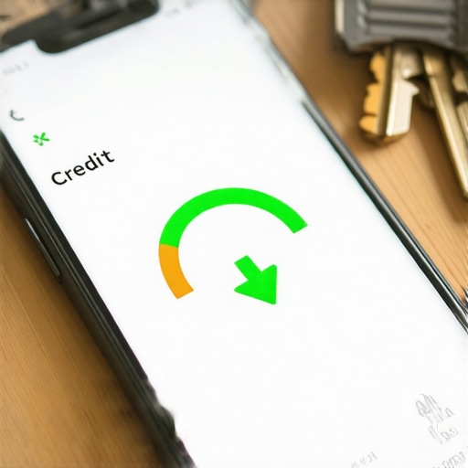 A credit score increasing on a mobile phone next to apartment keys.