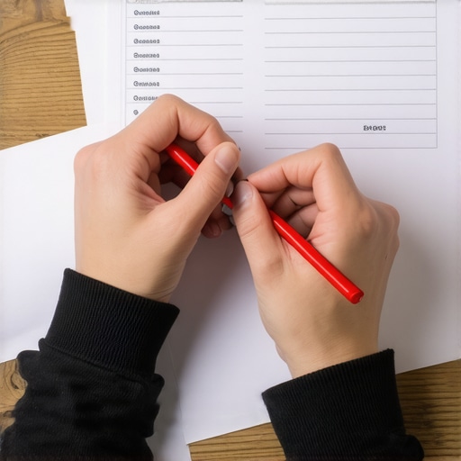 Hands marking a credit report to identify shared accounts during a separation.