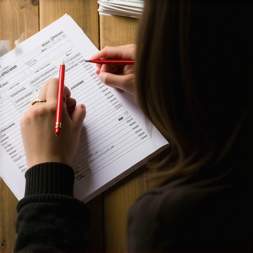 A close-up of hands circling errors on an official credit report with a red pen.