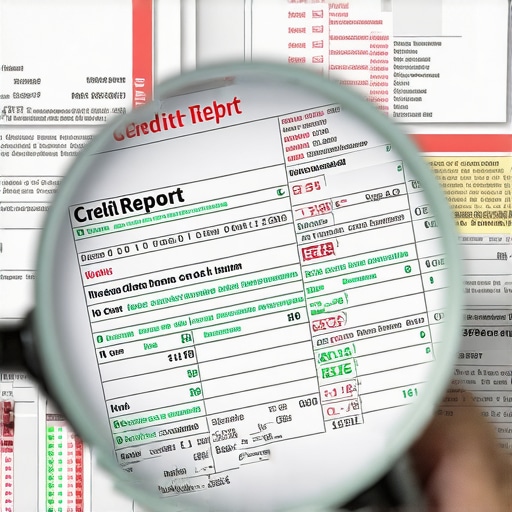 A magnifying glass highlighting specific entries on a detailed credit report to find errors.