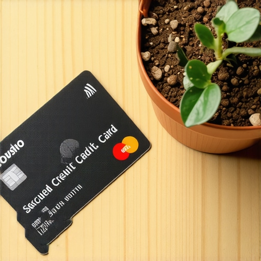 A secured credit card representing a tool for rebuilding credit next to a small green sprout.