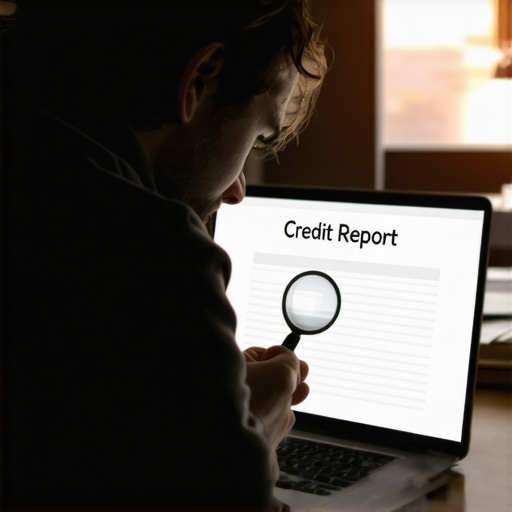 A person analyzing a credit report with a magnifying glass to find errors.