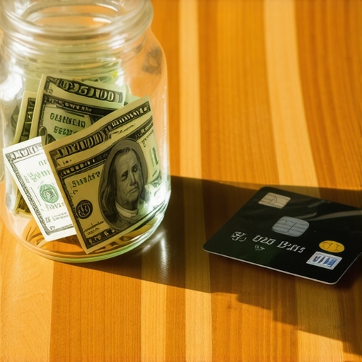 Starter Emergency Fund Goal A jar containing $1,000 cash next to a cut-up credit card representing the first step in debt management.