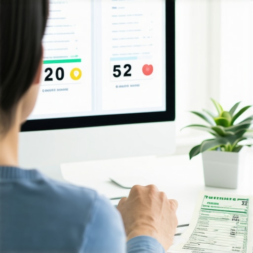 A person comparing credit scores with a tax refund check nearby to plan debt repayment.
