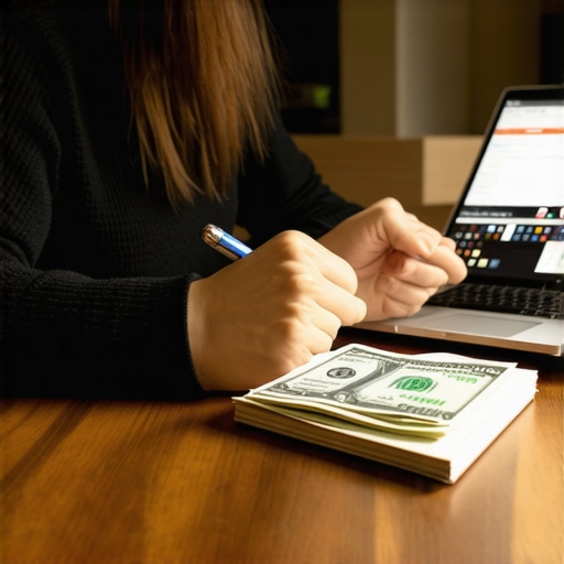 A person organizing their finances with a small stack of cash on a desk