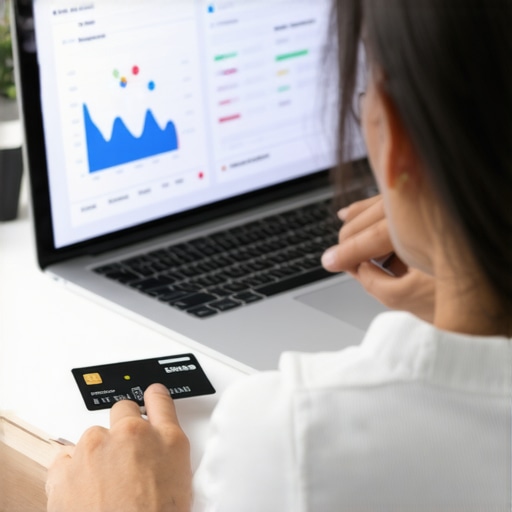 Strategic credit limit management A person checking their credit score and managing credit card limits on a laptop.