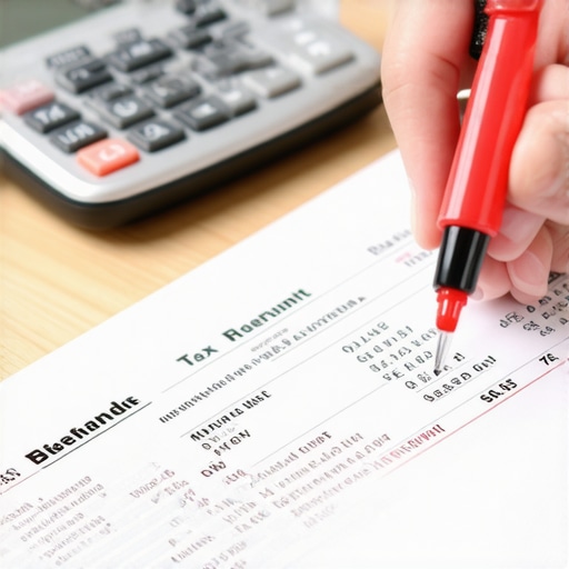 Person highlighting debt on a bank statement next to a tax refund check