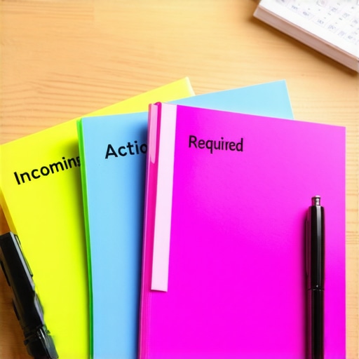 Tactile Bill Organization Folders Three folders labeled Incoming, Action Required, and Paid on a kitchen table for physical bill management