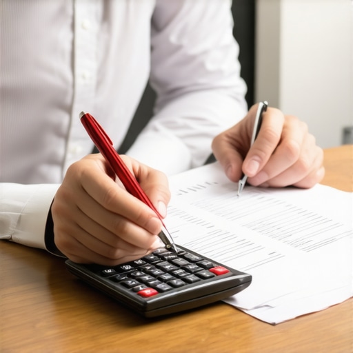 A person using a red pen to audit errors on a physical credit report on a wooden desk.