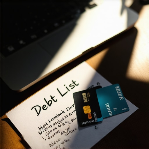 A desk with a budget planner and destroyed credit cards symbolizing debt management.
