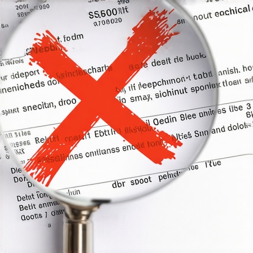 Close up of a credit report being audited with a magnifying glass to find errors.