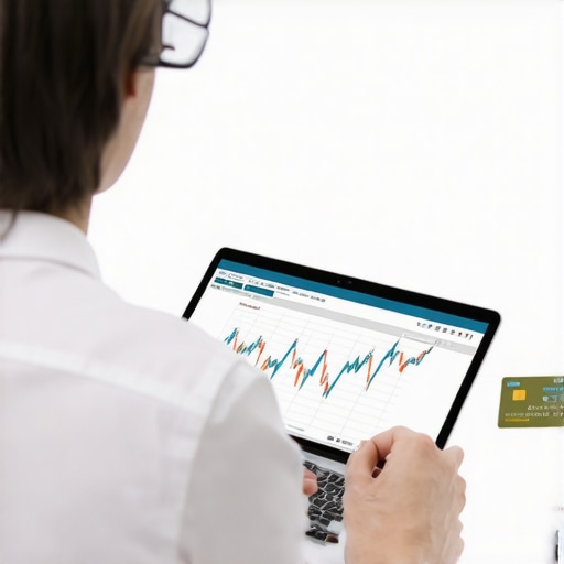 A person observing a credit score drop on a screen after paying off debt.