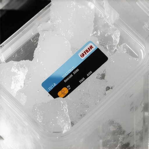 A credit card frozen in a block of ice to prevent impulsive spending.
