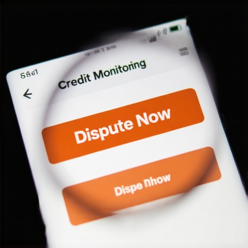 A smartphone screen showing a credit score app with a dispute button under a magnifying glass, warning consumers about fast credit repair traps.