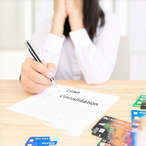A person reviewing a debt consolidation loan document at a desk with credit cards nearby.
