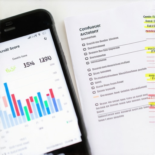 A smartphone showing a credit monitoring app next to a physical credit report with highlighted errors.