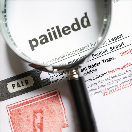 The Nuance of Paid Debt Collections Magnifying glass revealing a warning icon next to a paid collection status on a credit report.