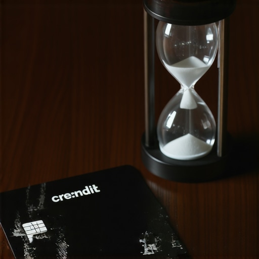 An old credit card next to an hourglass representing the importance of credit age for score building.