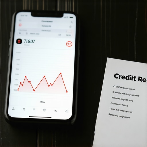 A phone displaying a declining credit score next to a credit report on a wooden desk