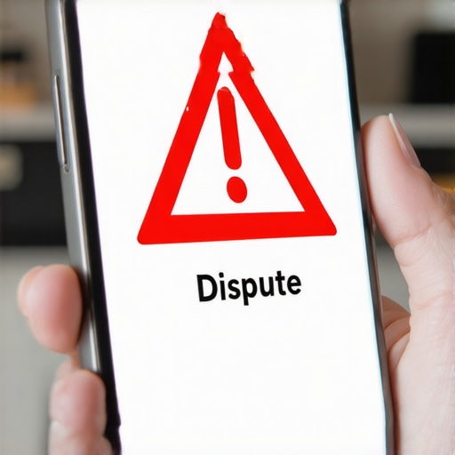 Close-up of a smartphone screen showing a credit dispute button with a warning icon overlay.