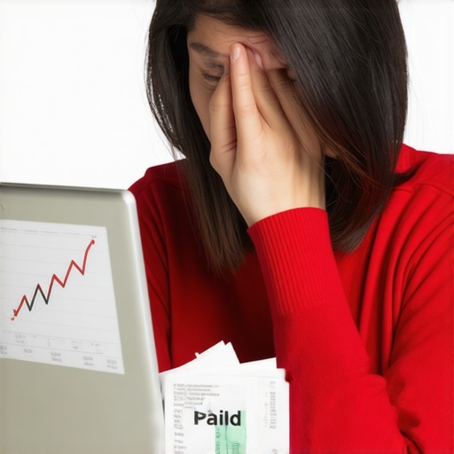 The frustration of a stagnant credit score despite debt payments Person looking at flat credit score graph on laptop with paid receipts on desk.