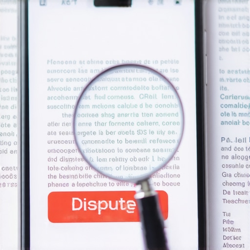Close up of a phone screen showing a credit dispute button and legal fine print.