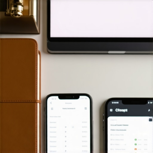 A desk with financial tracking tools and a smartphone showing a credit score.