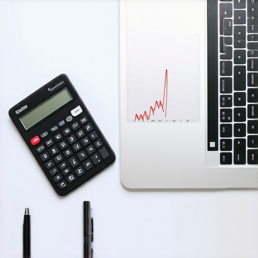 A desk with a physical financial ledger and a laptop showing credit score growth.