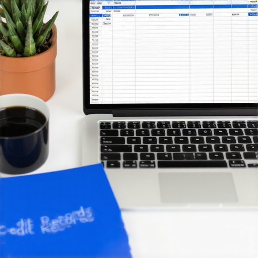 A person's organized desk with a laptop and physical records for credit monitoring and debt management