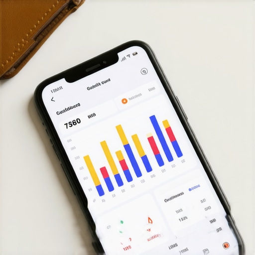 Smartphone displaying a credit score dashboard next to a wallet