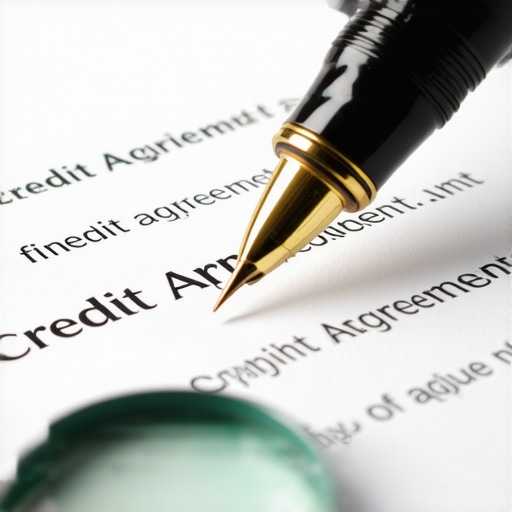 A pen signing a debt document next to a magnifying glass representing credit analysis.