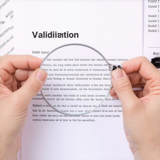 Hands holding a debt validation letter and a magnifying glass over a credit report.