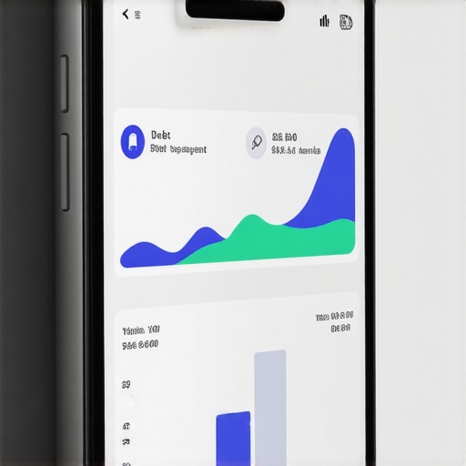 A smartphone displaying a digital banking app with a debt payoff progress bar and increasing savings balance.