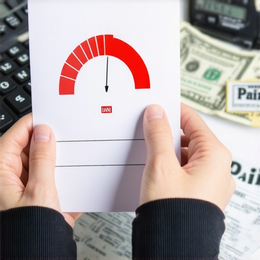 A person looking at a credit report with a declining arrow despite a paid bill stamp.