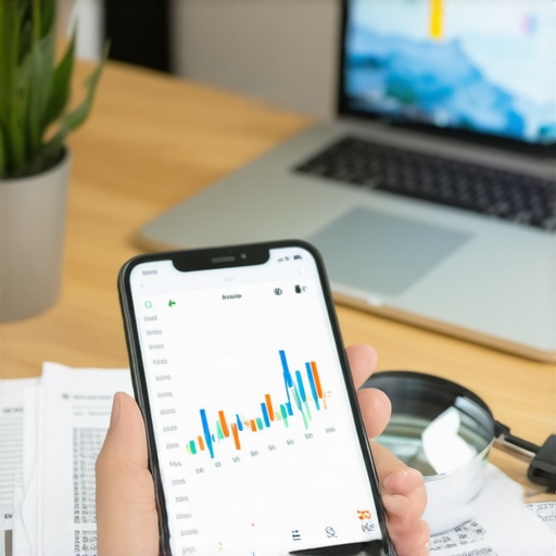 Man analyzing credit score fluctuations on a mobile app in a home office setting
